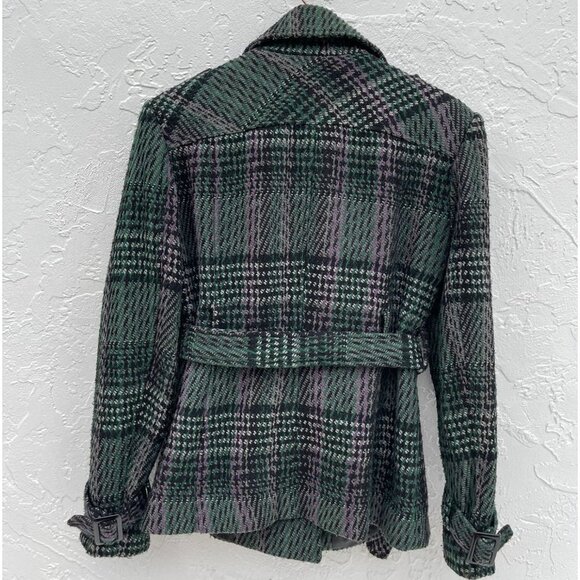 Donatella Womens Plaid Tie Waist Wool Pea Coat Green Sz Medium - Picture 8 of 11